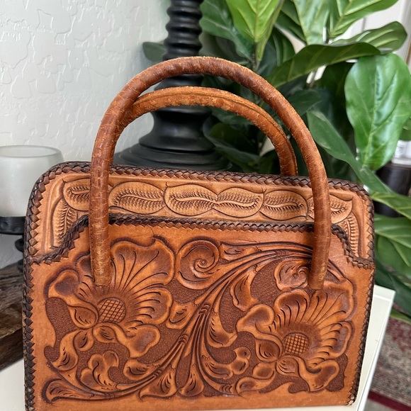 Vintage Leather Tooled Floral Embossed Satchel
